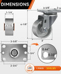 Dimensions of Three Inch Industrial Cast Iron Casters Set Of Four Heavy Duty Swivel Wheels With 1400 Lb Capacity, side view.