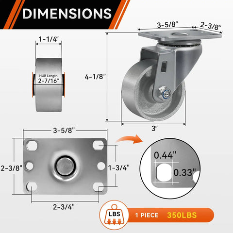 Dimensions of Three Inch Industrial Cast Iron Casters Set Of Four Heavy Duty Swivel Wheels With 1400 Lb Capacity, side view.