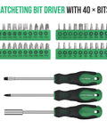 Ratcheting bit driver with 40 bits part of 232 Piece Home Repair Tool Kit With Socket Wrench Set And Toolbox Storage Case A Complete All In One Mixed Tool Set For General Auto And Household Maintenance Beefy Durable Chrome Plated Steel.