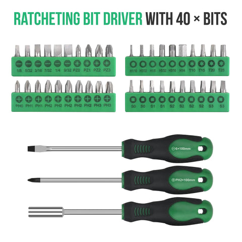 Ratcheting bit driver with 40 bits part of 232 Piece Home Repair Tool Kit With Socket Wrench Set And Toolbox Storage Case A Complete All In One Mixed Tool Set For General Auto And Household Maintenance Beefy Durable Chrome Plated Steel.