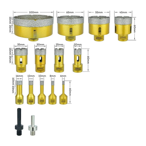 Rock Hard Diamond Tile Hole Saw Kit 15 Pieces With 5/8 Inch Thread For Drilling Granite Porcelain Ceramics And Stone Bathroom Upgrades, 3-100mm sizes
