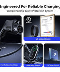 Level 2 EV Charging Station For Home With Adjustable 24 Amp Juice features UL listed cable, rubberized grip, AI temp control, and solid build.