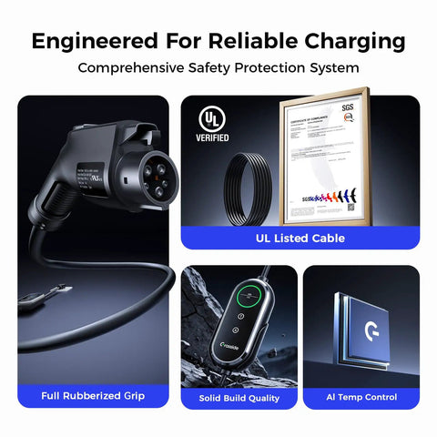 Level 2 EV Charging Station For Home With Adjustable 24 Amp Juice features UL listed cable, rubberized grip, AI temp control, and solid build.