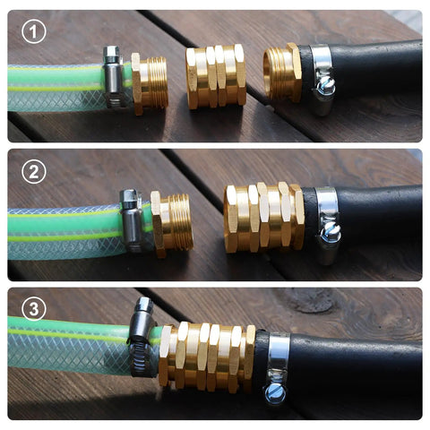Garden Hose Adapter Female To Female 3/4 Inch GHT Brass Connector, Double Female Hose Fittings With Washers And PTFE Tape, rustproof, installed between two hoses