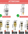 Diagram showing compatible R134a and R12 valve cores with measurements, part of the AC Valve Core Remover Tool Kit With Quick Release.