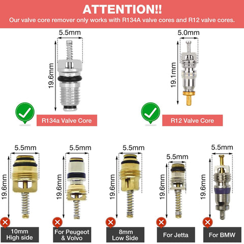 Diagram showing compatible R134a and R12 valve cores with measurements, part of the AC Valve Core Remover Tool Kit With Quick Release.