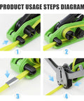 Usage steps for Boss Level Polypropylene Strapping Kit with tensioner and cutter, showing assembly and application process.
