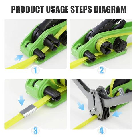 Usage steps for Boss Level Polypropylene Strapping Kit with tensioner and cutter, showing assembly and application process.
