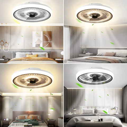 Ultra Thin LED Ceiling Fan With Lights, Dimmable Low Profile Ceiling Fan With Remote in modern bedrooms, six speeds visible.
