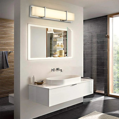 27 Inch LED Vanity Light Fixture Dimmable 28W Glass Modern Bathroom Lighting Over Mirror Wall Mount Silver Finish Warm White 3000K Sleek Energy Efficient Easy Install Contemporary Glass Shade