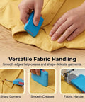 Seam Guide With Magnetic Alignment For Sewing Machines, Easy Clamp Tool, blue tool used on yellow fabric for creasing edges