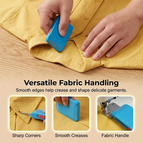 Seam Guide With Magnetic Alignment For Sewing Machines, Easy Clamp Tool, blue tool used on yellow fabric for creasing edges