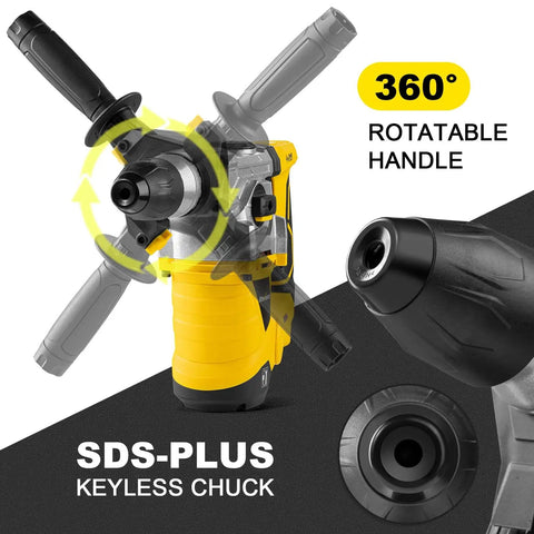 Front view of SDS Plus Rotary Hammer Drill 1500W Workhorse with 6 Joules Impact, showing 360° rotatable handle and keyless chuck.