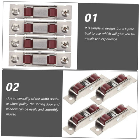 Heavy Duty Stainless Steel Sash Roller Double Wheel Pulley 4 Pack for Sliding Windows and Doors, showing durable design and smooth operation.