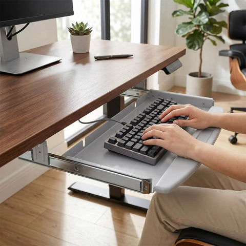 Heavy Duty Steel Under Desk Keyboard Tray Featuring Slick Ball Bearing Glides For Silky Smooth Extension And Rock Solid Ergonomic Workstation Support Up To Sixty Six Pounds With Zero Wobble Or Jamming Vibes with keyboard and hand in use.