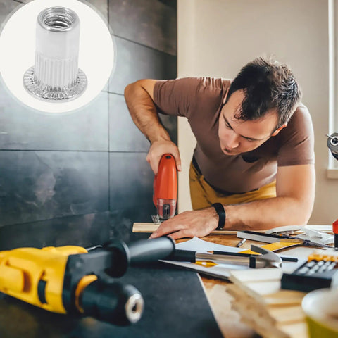 Man using a power tool with inset of Flat Head Rivet Nuts With Knurled Bodies Stainless Steel 40 Piece Pro Grade Threaded Rivet Nut Kit
