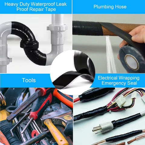 Self Fusing Silicone Tape Waterproof Repair for plumbing hoses, pipes, electrical insulation shown in use on pipes and wires.