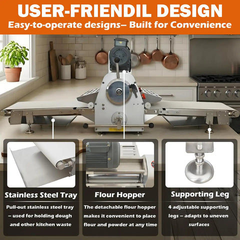 Techtongda Commercial Dough Sheeter Countertop Pizza Pasta Roller With Heavy Duty Conveyor Belt, featuring stainless steel tray and flour hopper.