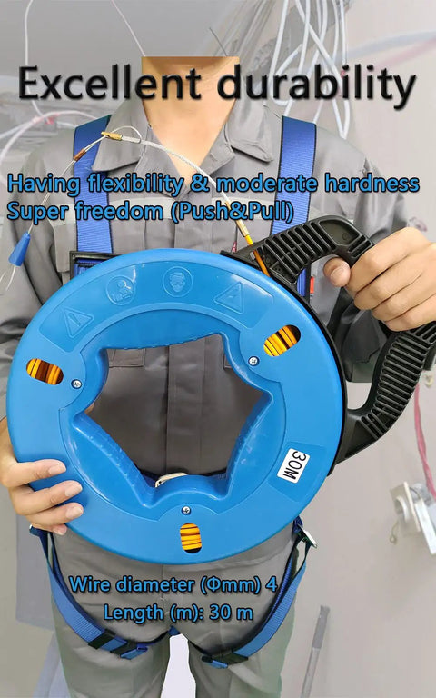 Person holding Heavy Duty Steel Fish Tape Puller 4mm 100 Foot With Storage Case for Wiring Through Attics and Conduits