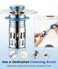 Solid Brass Universal Bathroom Sink Stopper With Pop Up Drain Strainer And Removable Filter Basket Hair Catcher shown with cleaning brush.