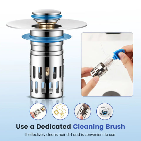 Solid Brass Universal Bathroom Sink Stopper With Pop Up Drain Strainer And Removable Filter Basket Hair Catcher shown with cleaning brush.