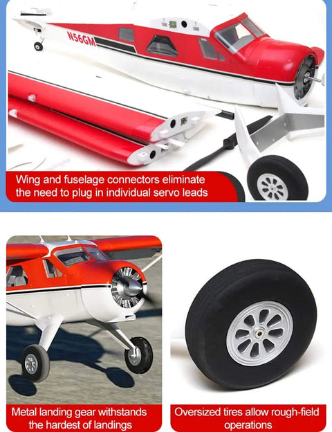Beaver V2 Seaplane RC Plane with 2000mm wingspan, red fuselage, and metal landing gear, close-up on connectors and tire.