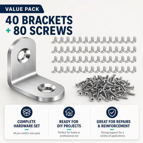 Killer Stainless Steel L Brackets For Shelves With 80 Heavy Duty Screws Slick Hardware Kit For Diy Repair showing 40 corner mounts and screws.