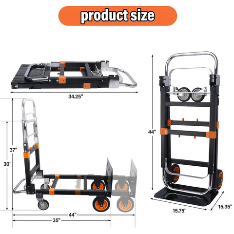 Heavy Duty 3 In 1 Folding Hand Truck And Convertible Dolly Cart featuring size dimensions 34.25" x 44" and 600 pound capacity.