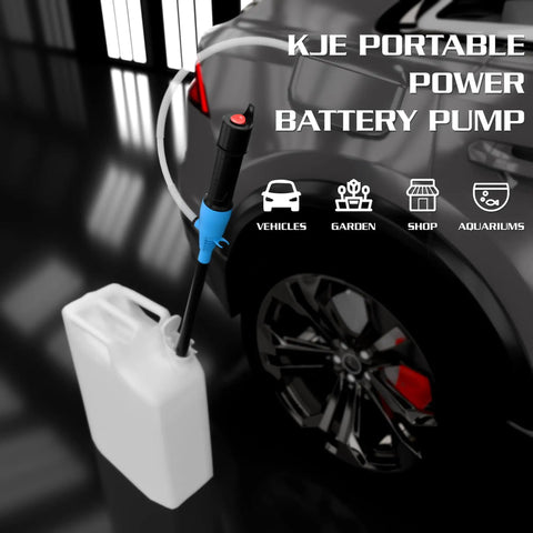 Plug And Play Battery Powered Siphon Pump For Gasoline Diesel And Water Transfer No Sweat Utility Fluid Pump With Integrated Filter And Heavy Duty Clamping Clip Two Point Two Gallons Per Minute positioned next to a fuel container.