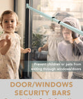 Extendable Sliding Door Security Lock Bar for Child Safety installed on glass door, preventing access, visible child indoors