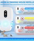 3-mode ultrasonic mouse repeller showing blue, yellow, and red modes for home indoor pest control, safe for humans and pets.