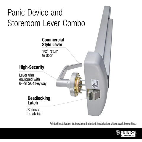 Built Tough Aluminum Rim Panic Exit Device With Storeroom Lever Trim Handle Easy Grip Operation Reversible Left Or Right Hand Swing Fits 36 To 42 Inch Doors For Secure Entry with high-security features.