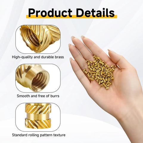 300 Pc M3 Heat Set Brass Inserts With Knurled Body, M3 X D4 X L5 Threaded Inserts For Plastic and close-up details