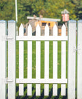 Vinyl fence with heavy-duty steel self-closing gate hinges, weatherproof, ideal for outdoor gates, spring-loaded closure
