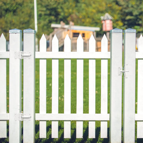 Vinyl fence with heavy-duty steel self-closing gate hinges, weatherproof, ideal for outdoor gates, spring-loaded closure