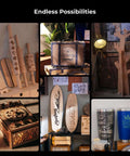 Tools collage of wooden crafts and laser-cut projects: carved rolling pins, longboard decks, tree display, tumblers.