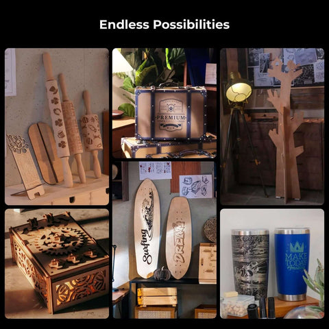 Tools collage of wooden crafts and laser-cut projects: carved rolling pins, longboard decks, tree display, tumblers.