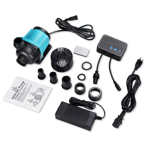 Beefy 1250 GPH DC 24V Aquarium Pump With Controller components spread out on a white surface
