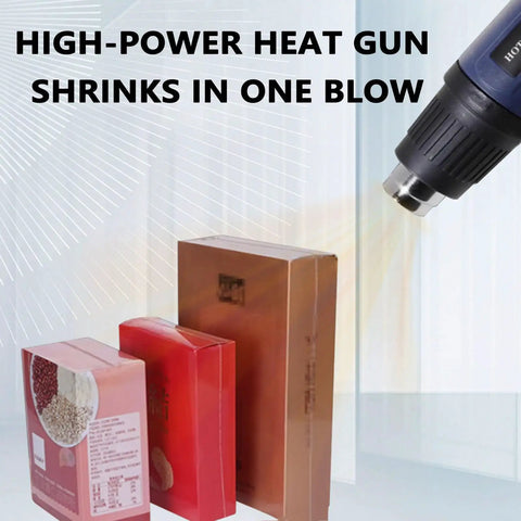 Ylpddmm Heat Sealer Shrink Wrap Machine with heat gun shrinking packaging boxes in retail setting.