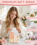 Woman holding White Organza Gift Bags 50 Pack 8x12 Inches Drawstring Bulk Mesh Bags for Wedding Favors and Party Gifts