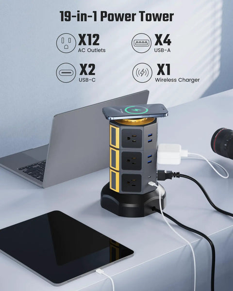 All In One Power Strip Tower With 15W Magnetic Wireless Charger And 1050J Surge Protector, 12 AC Outlets, 6 USB Ports, in use