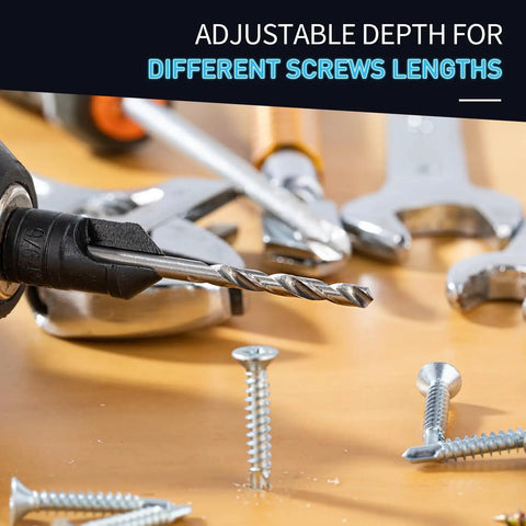 Close-up of Woodworking Countersink Drill Bit Set 5 Piece 3 In 1 Chamfer Bits With Depth Adjustable M2 Pilot Bits on workbench