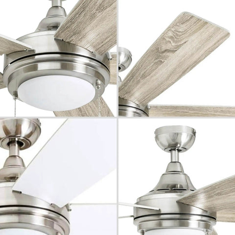 Collage of Ventnor 52 Inch Modern Farmhouse Ceiling Fan details, brushed nickel finish, dual finish blades, LED light