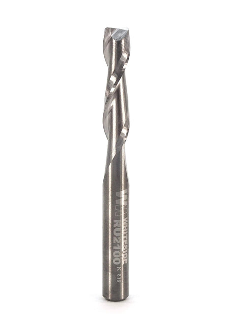 Heavy Duty Spiral Upcut Straight Router Bit With 1/4 Inch Cutting Diameter And 1/4 Inch Shank shown from side view, solid carbide material.