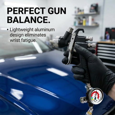 Inline Air Pressure Regulator With Gauge 1/4 NPT For HVLP Sprayers And Pneumatic Tools, 0-140 PSI Adjustable, in use with spray gun
