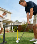 Two men using Dope Adjustable Golf Swing Trainer Stand For Outdoor Practice in garden, focusing on alignment and muscle memory building