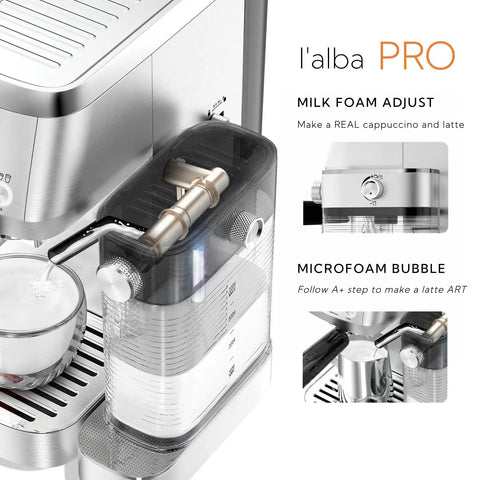 Straight Fire Automatic Espresso Machine With Super Fast Heating And Adjustable Milk Frother For Barista Level Cappuccinos And Rich Lattes At Home - close-up of adjustable milk frother and milk container.