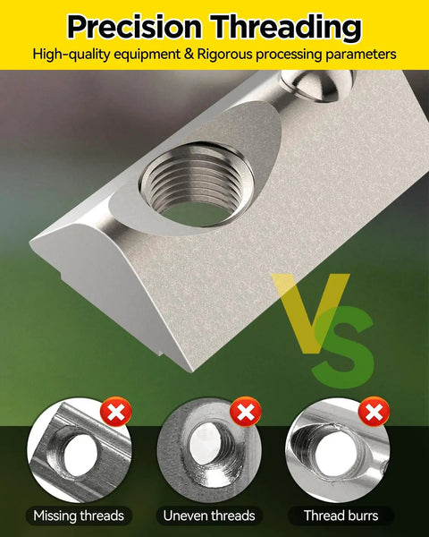 Close-up view of precision threading in ball spring T slot nut for 4040 aluminum extrusion M8, highlighting threading issues.