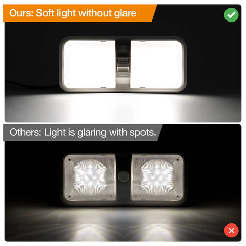 12 Volt RV Interior LED Lights 1000LM 8W Dome Ceiling Fixtures 8 Pack Natural White with switch showing soft vs glaring light