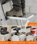 Heavy Duty Foldable Ladder Platform With Rock Solid Anti Slip Work Shelf Alloy Steel Step Attachment And Project Tray For Paint Gear Holds 400 Lbs Jobsite Ready showing layered tool storage on ladder step.